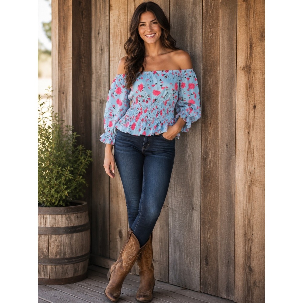 Floral Smocked Off-The-Shoulder Peplum Shirred Front-Tie  Milkmaid Blouse 3XL